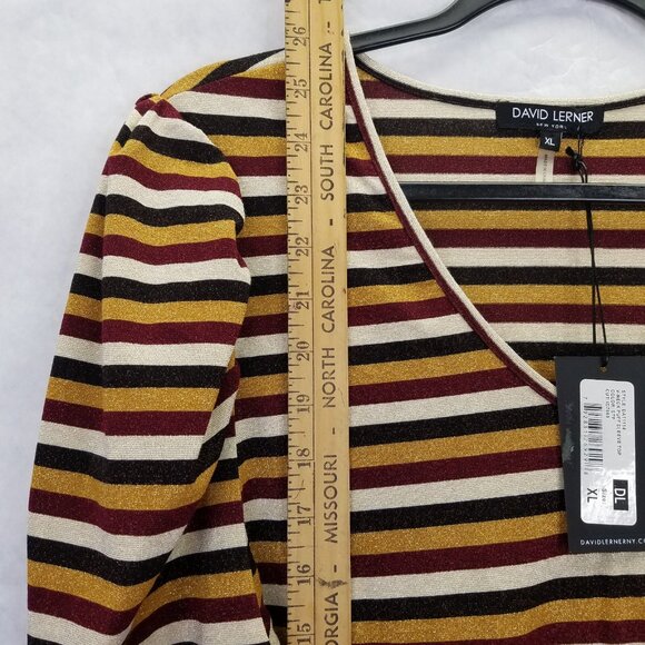 David Lerner Shimmer Stripe Top Women's XL V-Neck Puff 3/4 Sleeve Gold Red NEW - Picture 14 of 16
